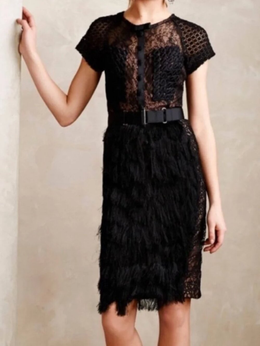 Beguile Byron Lars Corvus Sheath Dress Size 12 Lace Fringe Cocktail Party